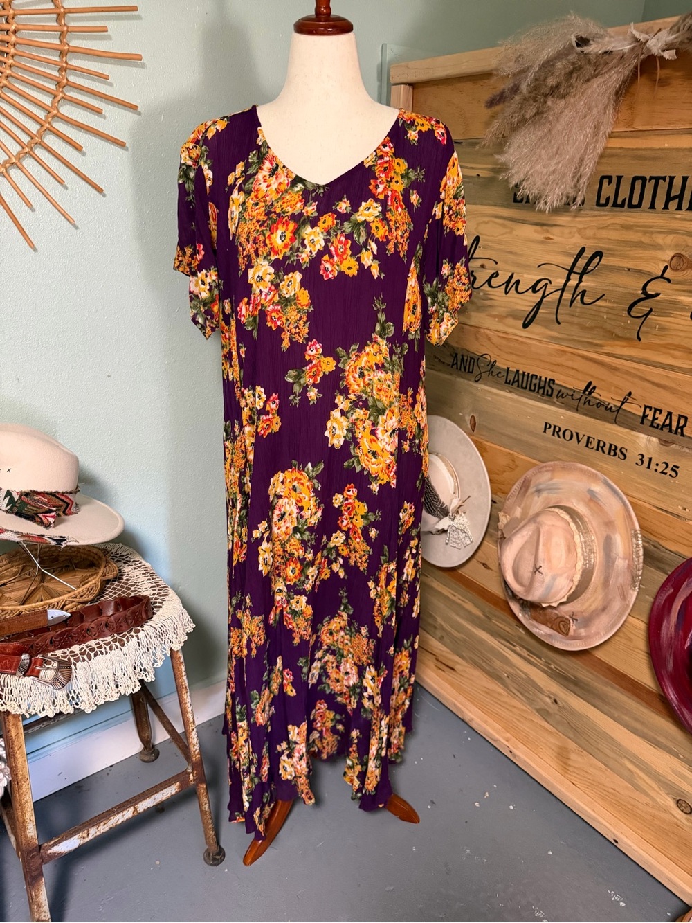 Woman Within Purple Floral V-Neck Maxi Dress with Yellow & Orange Accents
